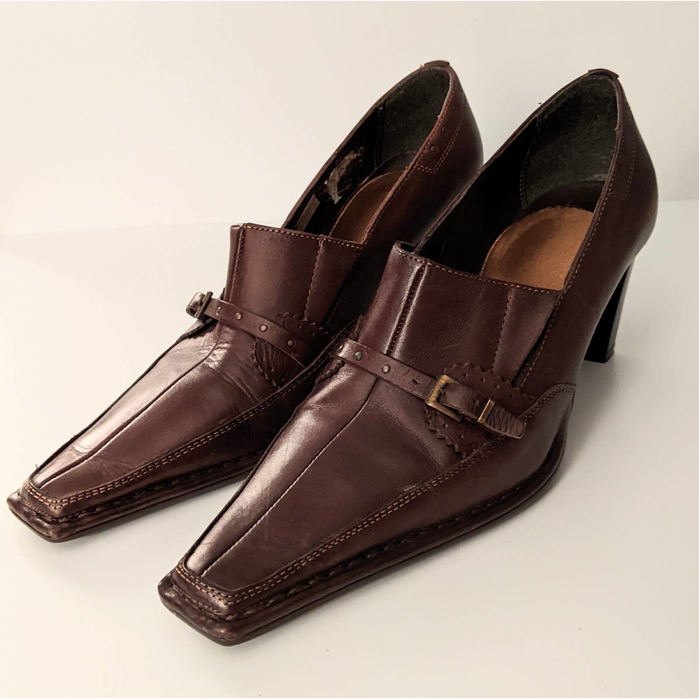 Kampgen Handmade 8.5 Brown Leather Buckle Heels Pumps Pointed Square Toe Women's - Picture 2 of 12